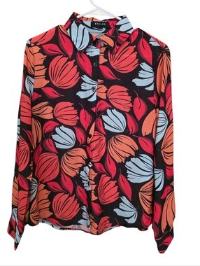 Beulah EUC Tropical Print Longsleeve Button-up Blouse Size L